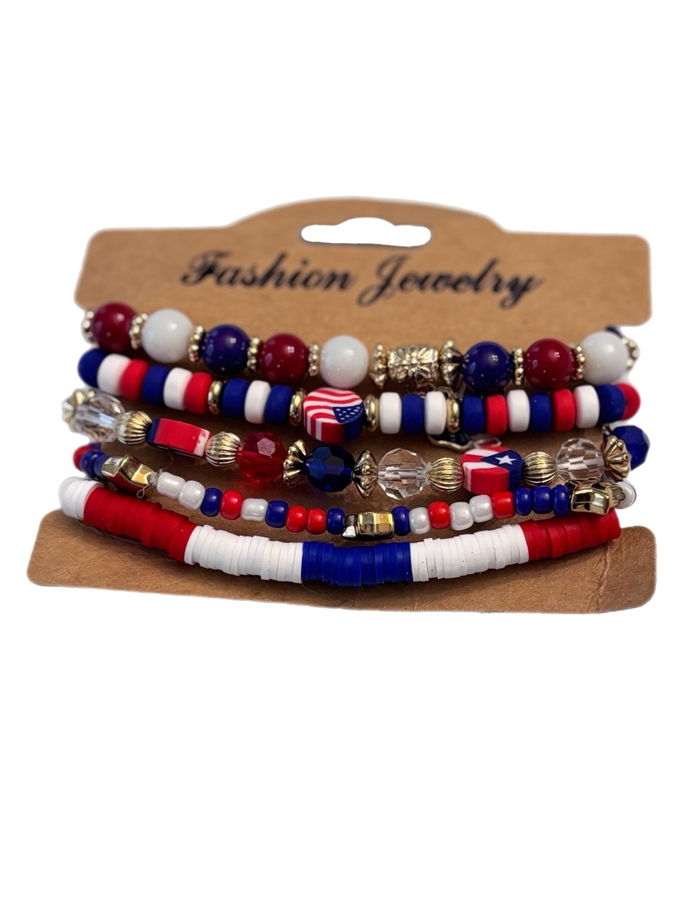 Red White Blue Beaded Stretch Bracelet 5pc Set - Picture 3 of 3